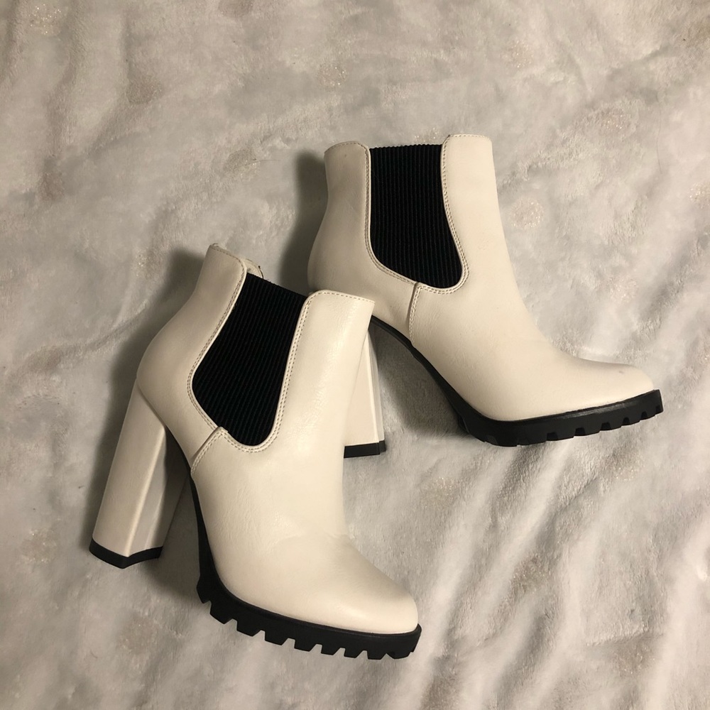 white heeled booties